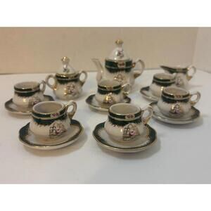 Miniature 17 Pc Tea Set Vintage Cottage Marked Limoges Green, Gold & Pink Rose